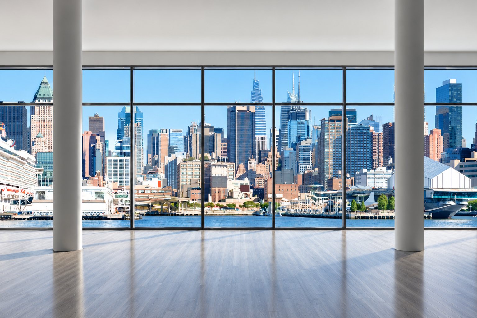 Manhattan skyline seen from an empty office floor